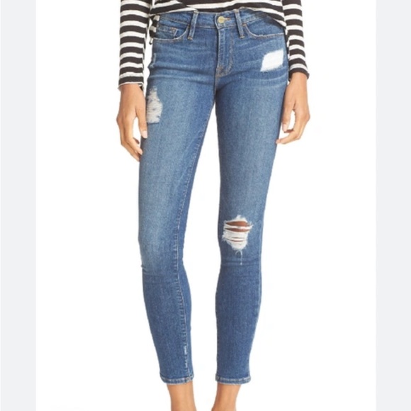 Frame Le Skinny de Jeanne Distressed Jeans Hilltop Medium Wash - Picture 1 of 6